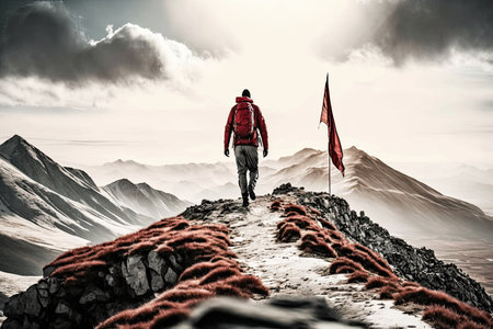 The climber ascends to the top of the mountain with a flag. AI generatorの素材