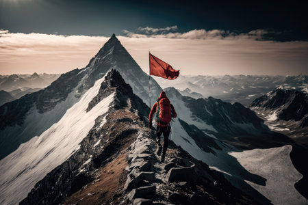 The climber ascends to the top of the mountain with a flag. AI generatorの素材