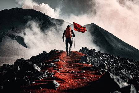 The climber ascends to the top of the mountain with a flag. AI generatorの素材