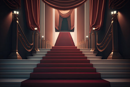 Red carpet on stairs indoors with curtains. Illustrations generator AIの素材