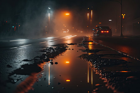 Wet asphalt the night city, fog, light. AI Generativeの素材