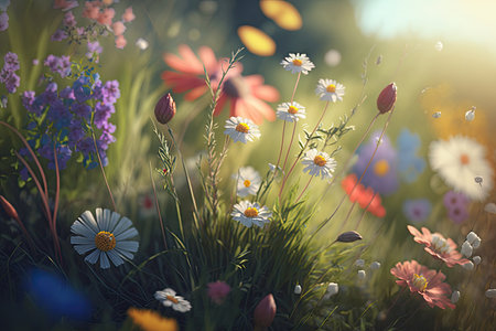 Spring sunny meadow with flowers. Illustration AI Generativeの素材