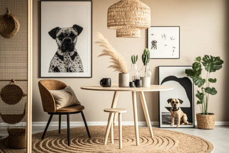 Dining room with round table. Illustration Generative AIの素材