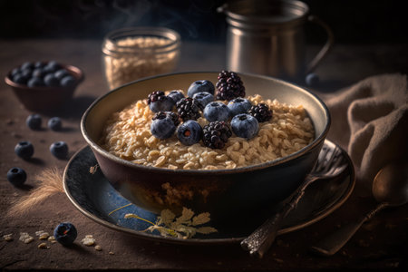 Oatmeal with blueberries and blackberries Illustration AI Generativeの素材