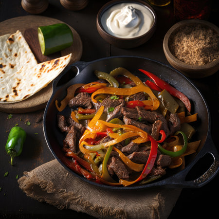 Beef Fajitas with tortilla bread. Illustration AI Generativeの素材