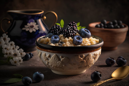 Oatmeal with blueberries and blackberries Illustration AI Generativeの素材