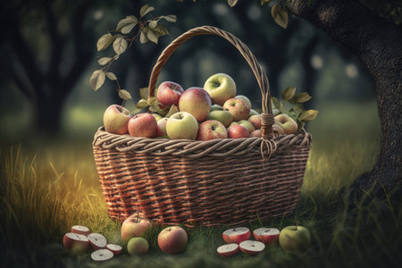 Basket with apples in summer garden. Illustration AI Generativeの素材