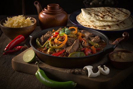 Beef Fajitas with tortilla bread. Illustration AI Generativeの素材
