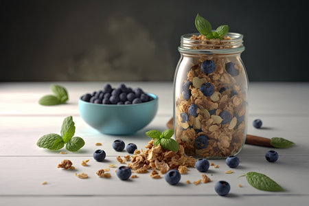 Granola in open glass jar, Illustration AI Generativeの素材