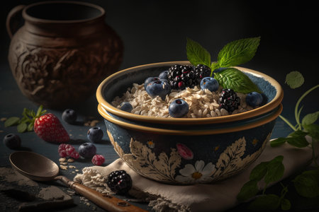 Oatmeal with blueberries and blackberries Illustration AI Generativeの素材