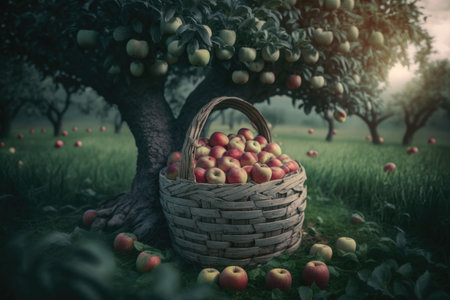 Basket with apples in summer garden. Illustration AI Generativeの素材