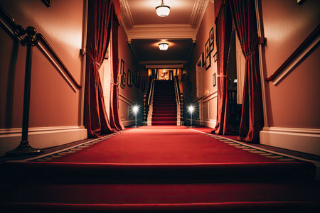 Red carpet on stairs indoors with curtains. Illustrations generator AIの素材