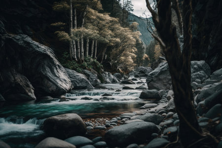 River flowing between trees and stones. Illustration Generative AIの素材