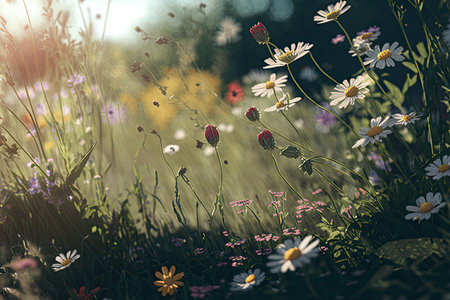 Spring sunny meadow with flowers. Illustration AI Generativeの素材