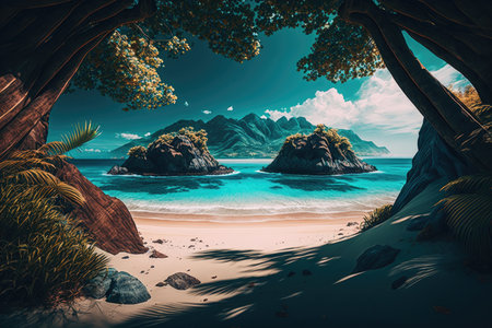 Blue tropical island in ocean background. Illustration Generative AIの素材