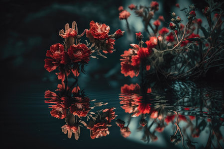 Red flowers reflected in water Illustration Generative AIの素材
