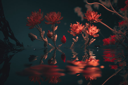 Red flowers reflected in water Illustration Generative AIの素材