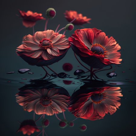 Red flowers reflected in water Illustration Generative AIの素材