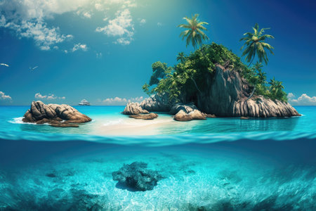 Blue tropical island in ocean background. Illustration Generative AIの素材