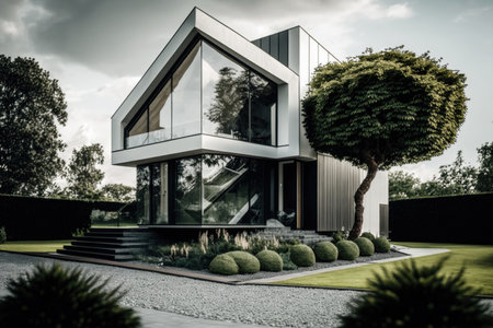 beautiful modern house green landscape design. Illustration AI Generativeの素材