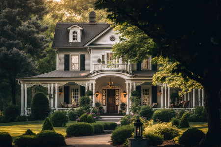 beautiful classic house green landscape design. Illustration AI Generativeの素材