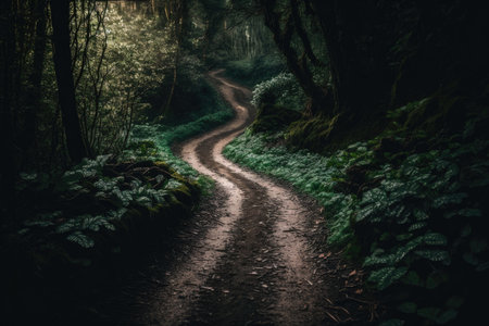 Beautiful scenery of pathway in a forest with trees. Illustration AI Generativeの素材