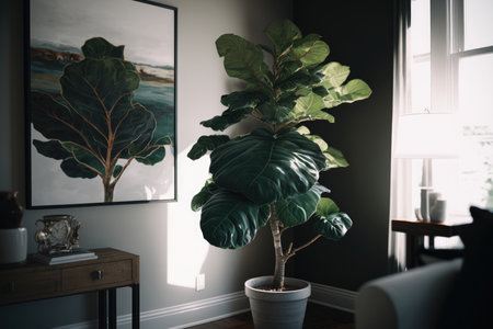 Fiddle leaf fig in the gray room. Illustration AI Generativeの素材