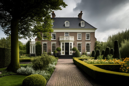beautiful classic house green landscape design. Illustration AI Generativeの素材