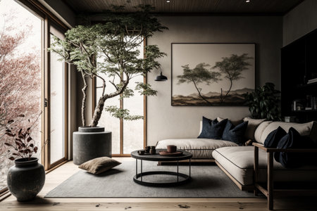 Living room in japandi interior design. Illustration AI Generativeの素材