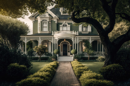 beautiful classic house green landscape design. Illustration AI Generativeの素材