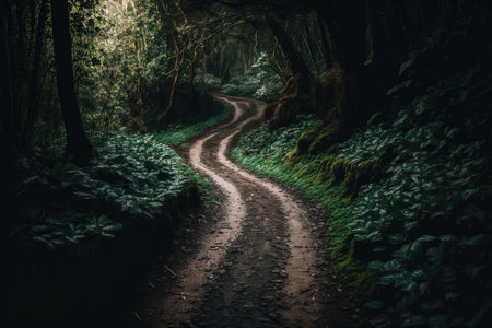 Beautiful scenery of pathway in a forest with trees. Illustration AI Generativeの素材