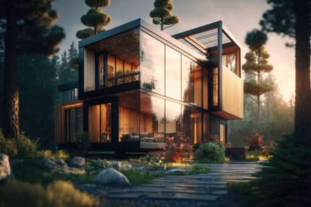 beautiful modern house green landscape design. Illustration AI Generativeの素材