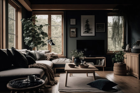 Living room in japandi interior design. Illustration AI Generativeの素材