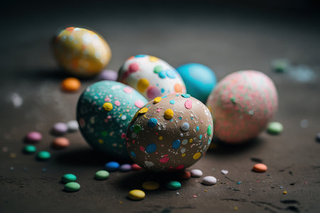 Happy Easter Greeting Background with Colorful Eggs. Generative AIの素材