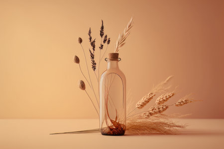 Retro bottle with dry wheat rye stalk. Illustration Generative AIの素材