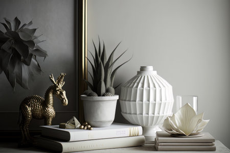 The white interior with copy space books vintage accessories. Illustration Generative AIの素材