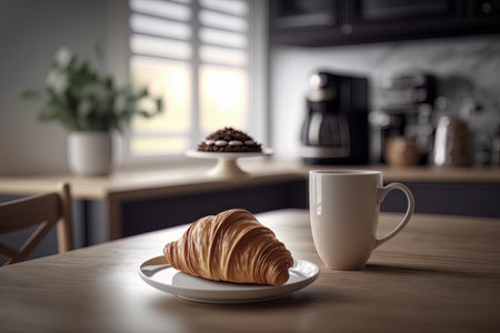 Croissant and coffee on kitchen countertop. Illustration Generative AIの素材