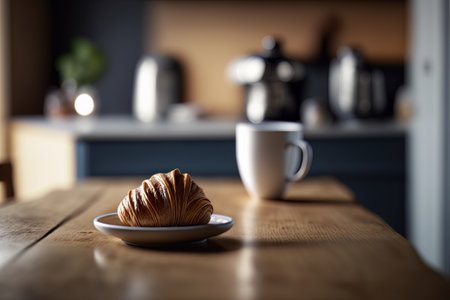 Croissant and coffee on kitchen countertop. Illustration Generative AIの素材