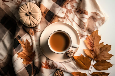 Autumn cozy composition. A cup of coffee plaid on a white. Illustration Generative AIの素材