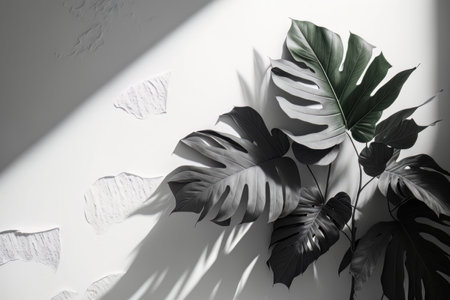 White wall background with stucco texture and big leaves. AI Generative Illustrationの素材