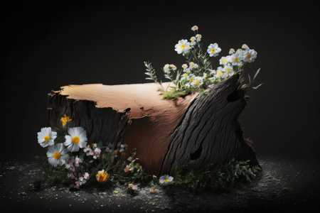 minimalist scene of a felled tree lies with flowers. Illustration Generative AIの素材