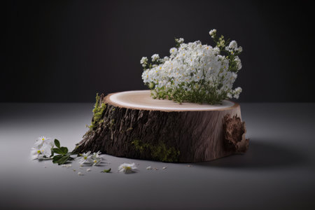 minimalist scene of a felled tree lies with flowers. Illustration Generative AIの素材