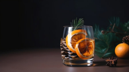 Glass with alcoholic cocktail with orange and pine cone. Illustration Generative AIの素材