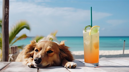 Cute dog with summer cocktail. Illustration Generative AIの素材
