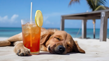 Cute dog with summer cocktail. Illustration Generative AIの素材