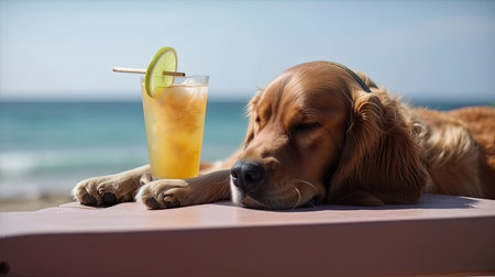 Cute dog with summer cocktail. Illustration Generative AIの素材