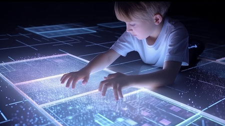 Child boy using tablet, technology concept. Illustration Generative AIの素材