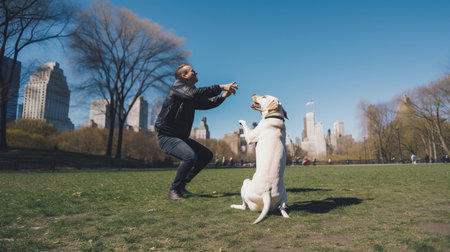 Man with dog play in the park. Illustration Generative AIの素材