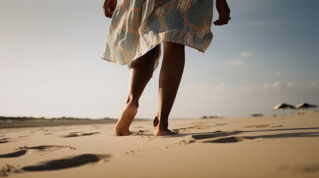 Girl's foot on the beach. Illustration Generative AIの素材