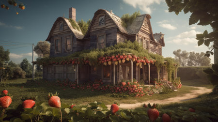 Magic house with strawberries. Illustration Generative AIの素材